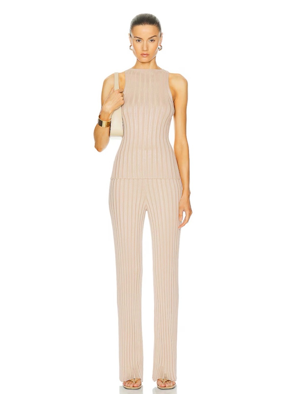L’Academie Seraph Ribbed Knit High Rise Flare Pants Champagne Tan Medium - Picture 2 of 11